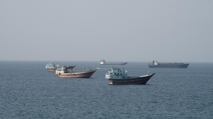 Vessels near the Strait of Hormuz, as seen from Musandam, Oman, August 17, 2026. Photo: Reuters