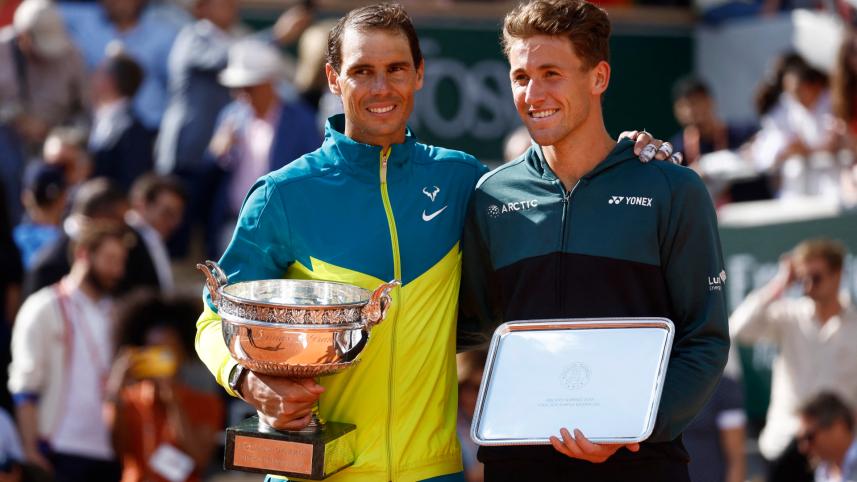 Spain's Rafael Nadal and Norway's Casper Ruud pose with trophies after the men's singles final REUTERS