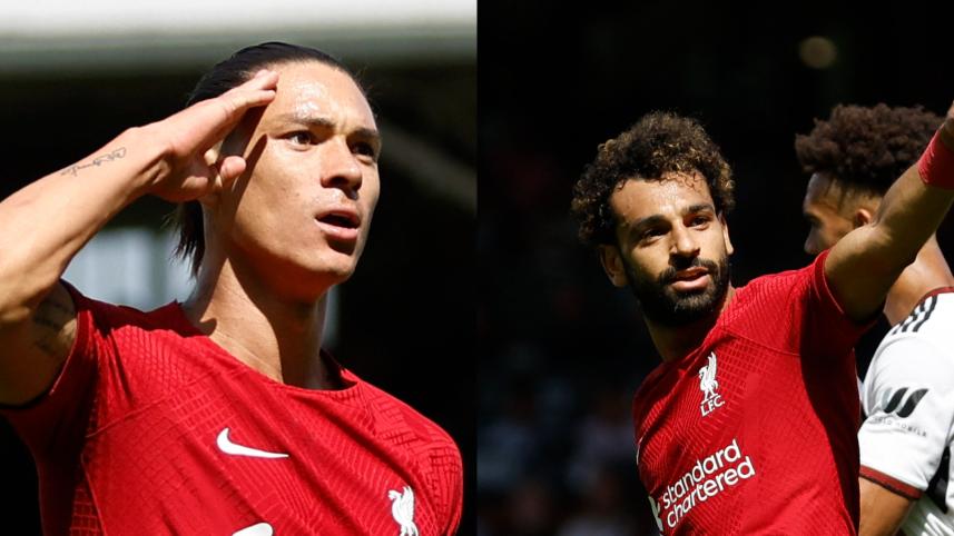  Liverpool's Darwin Nunez (L) celebrates scoring their first goal and Mohamed Salah (R) celebrates scoring their second goal. 