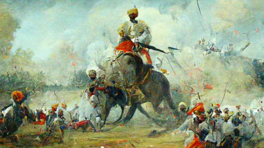 Nawab Sirajuddaula winning Battle of Plassey against the British – generated using Midjourney