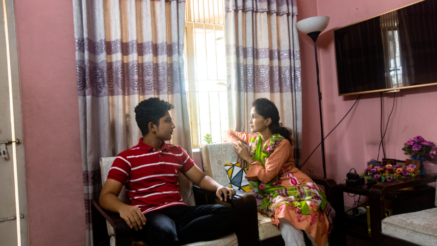Mother and son talking