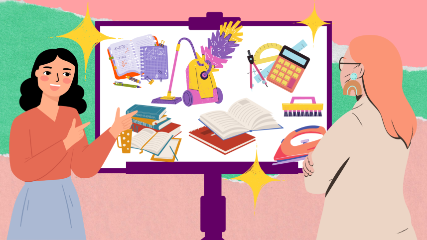 An illustration of a girl giving a presentation to her mom