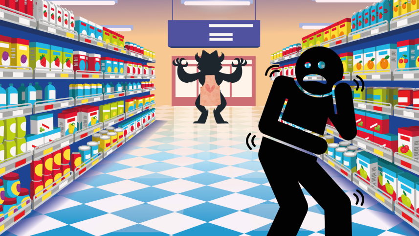 An illustration of a man being scared of a supermarket saleswoman