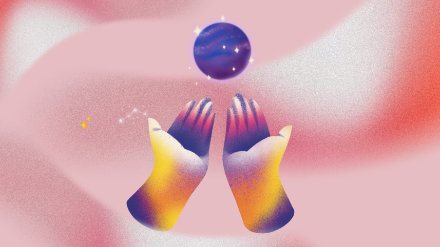 Hands clasped in prayer, answering to a spiritual power. 