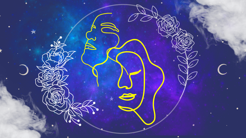Doodles of two faces with floral patterns surrounding it against a backdrop of the sky. 