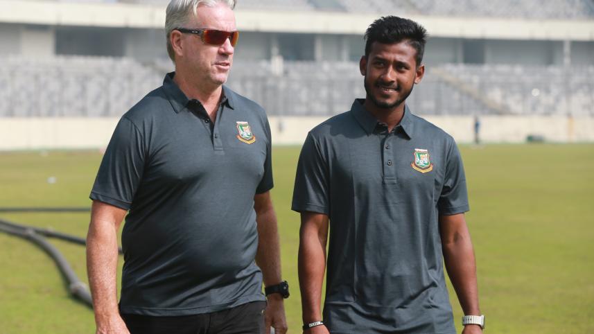 Bangladesh U19 national cricket team coach Stuart Law talks with the captain of the U19 team Mahfuzur Rahman Rabby