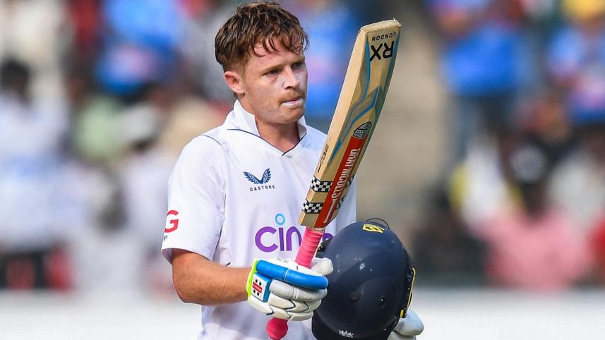 England's Ollie Pope celebrates after scoring a century during the third day of the first Test cricket match between India and England at the Rajiv Gandhi International Stadium in Hyderabad on January 27, 2024. Photo: AFP