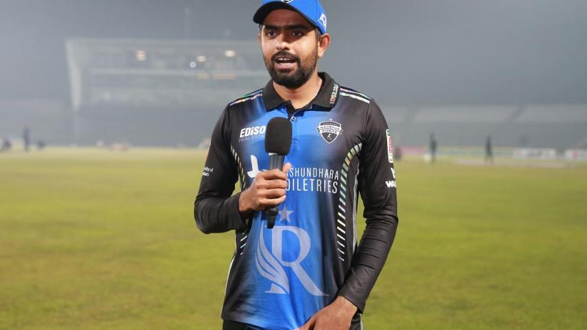 Babar Azam speaks post-match after receiving his Player of The Match award. Photo: Firoz Ahmed 
