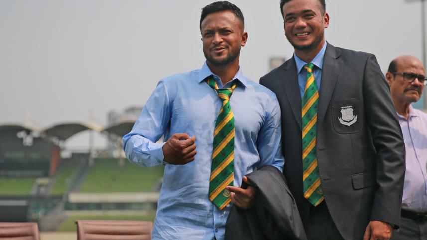 Shakib Al Hasan and Taskin Ahmed at the Sher-e-Bangla National Cricket Stadium in Mirpur on May 15, 2024.