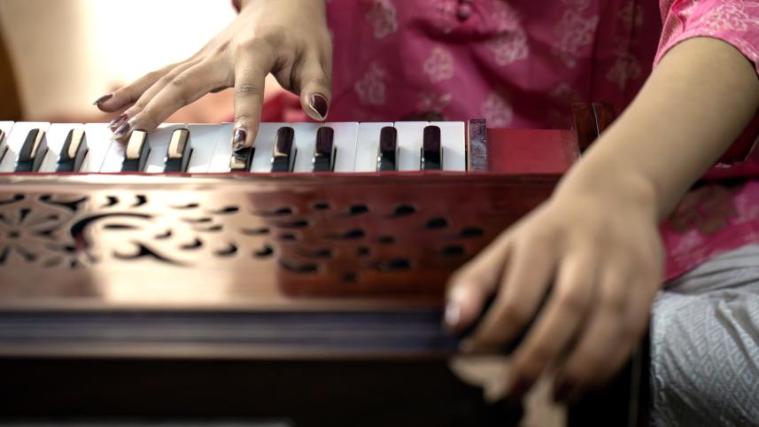 Musician playing the harmonium. 