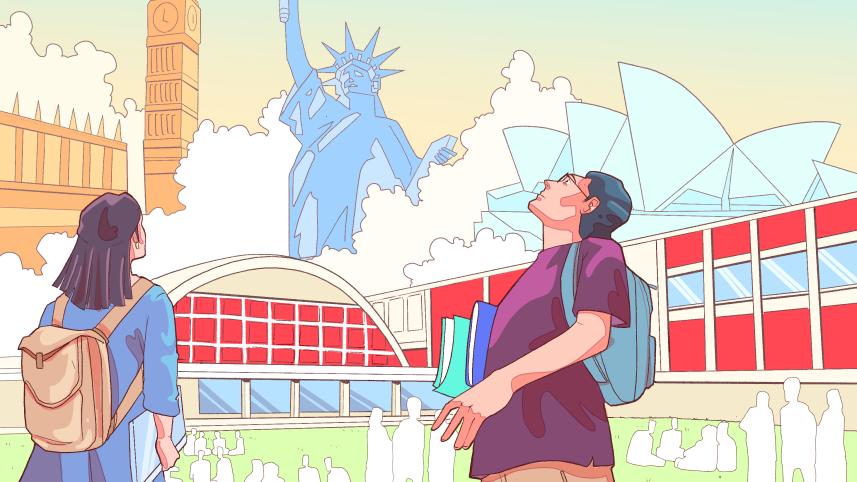 Two students looking up at the sky, illustrating the unattainability of studying abroad