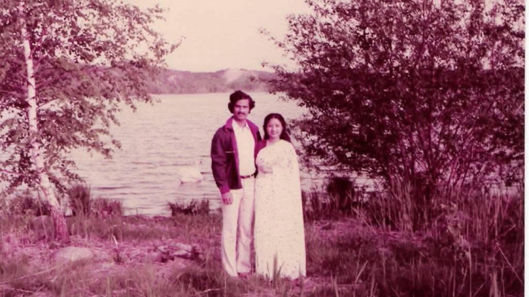 Mili Basher and Masum Basher pose for a photo in Stockholm, Sweden, in 1983