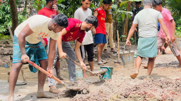 The voluntary organisation Purbo Singur Notun Kuri Club raised around Tk 1 lakh from locals who work abroad and well-off residents to buy bricks, sand and other materials. Photo: Star