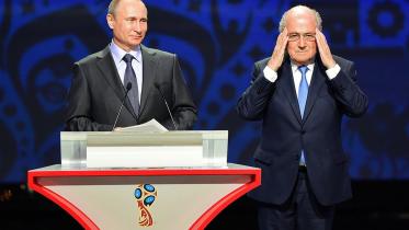 Russian President Vladimir Putin delivers a speech ahead of the 2018 FIFA World Cup football tournament final draw at the State Kremlin Palace in Moscow