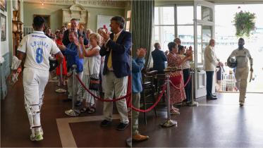 Applaud and clapping for Cheteshwar Pujara at Lord's dressing room, he scored 231(403).