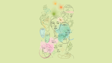 Illustration using line art of faces and shapes
