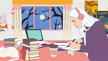 An illustration of a girl studying by a window.