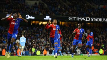 Crystal Palace's Michael Olise celebrates scoring their second goal with Jean-Philippe Mateta and David Ozoh