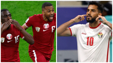Qatar's forward Almoez Ali (L) celebrates scoring his team's third goal during the Qatar 2023 AFC Asian Cup semi-final against Iran at the Al-Thumama Stadium in Doha on February 7, 2024. Jordan's Mousa Tamari (R) celebrates scoring their second goal again