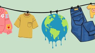A melting  Earth is hanging from a clothes line with other garments representing RMG sector's environmental impact