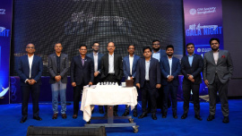 BSEC Chairman Masud Khan (centre) poses for a photograph at the 10th anniversary event of CFA Society Bangladesh at Sheraton Dhaka on Saturday. PHOTO: CFA Society Bangladesh