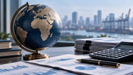 Global Finance Desk with Globe and Charts.png