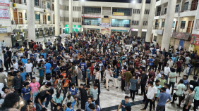 Rajshahi University students vandalised parts of Rajshahi Railway Station on Sunday night while protesting the alleged assault of a fellow student by railway security personnel. Photo: Star